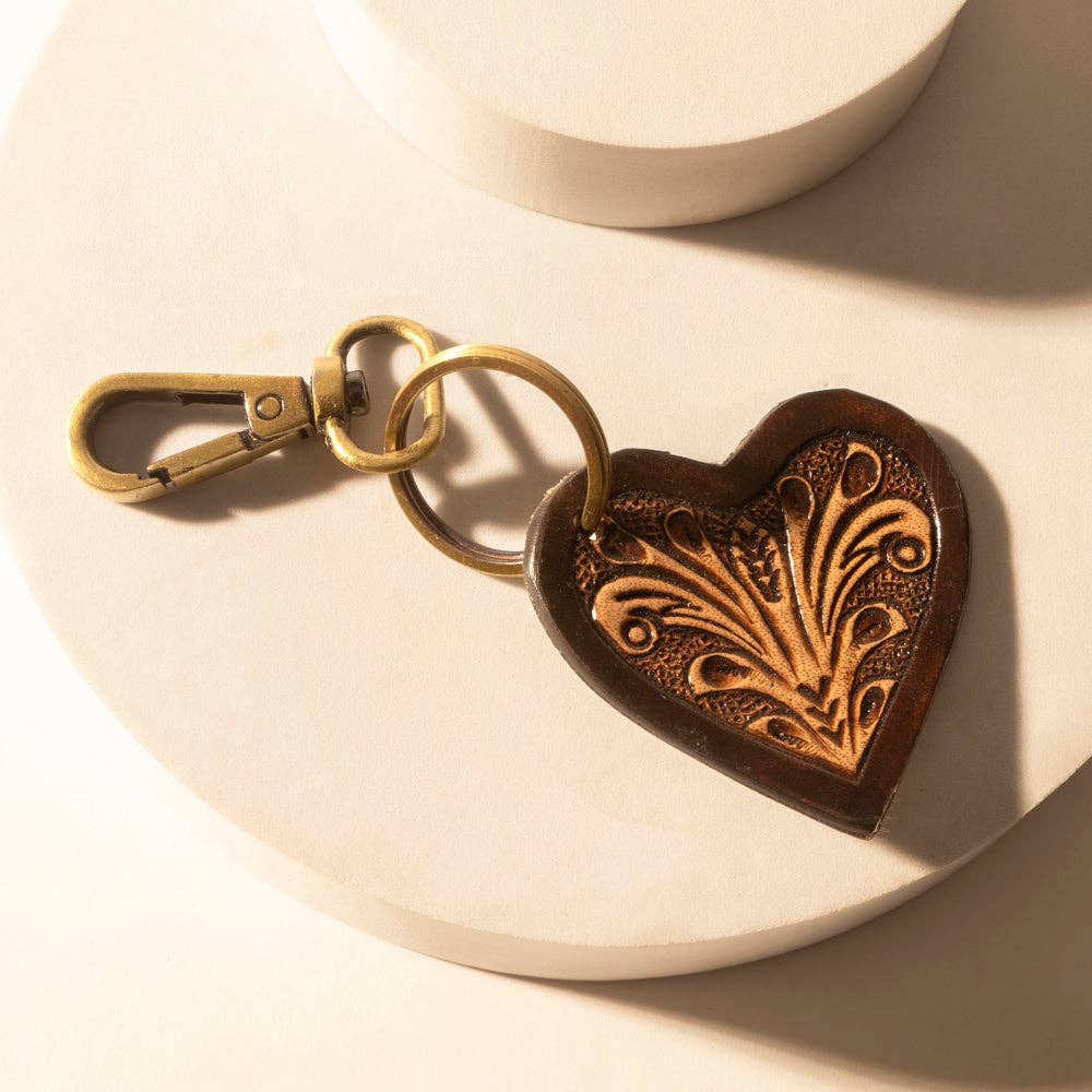 Carved Heart Western Key Fob in dark brown with handtooled detail