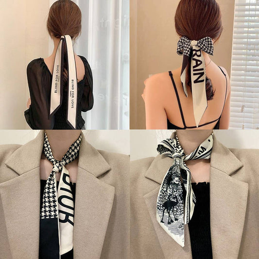 Chic Bowknot Flwoer Print Skinny Scarf Ribbon
