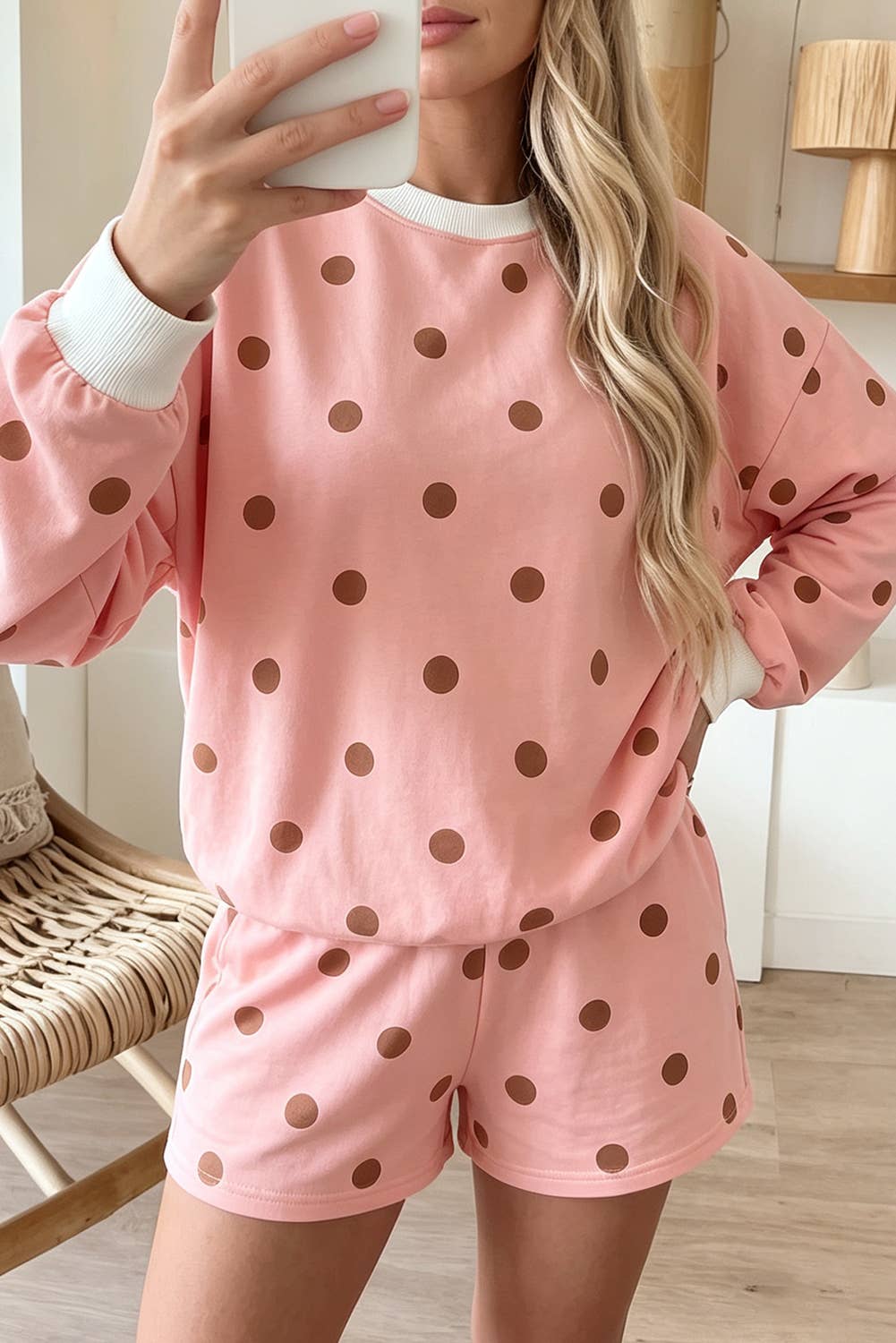 Polka Dot Ribbed Trim Long Sleeve Top Casual Short Set(S-XL)