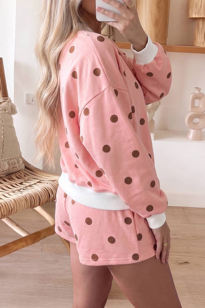 Polka Dot Ribbed Trim Long Sleeve Top Casual Short Set(S-XL)
