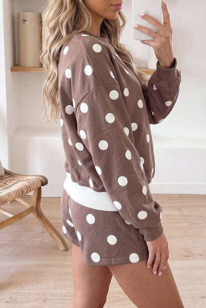 Polka Dot Ribbed Trim Long Sleeve Top Casual Short Set(S-XL)