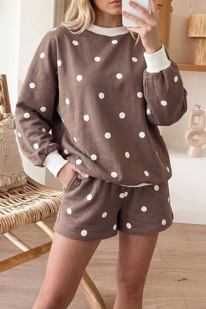 Polka Dot Ribbed Trim Long Sleeve Top Casual Short Set(S-XL)