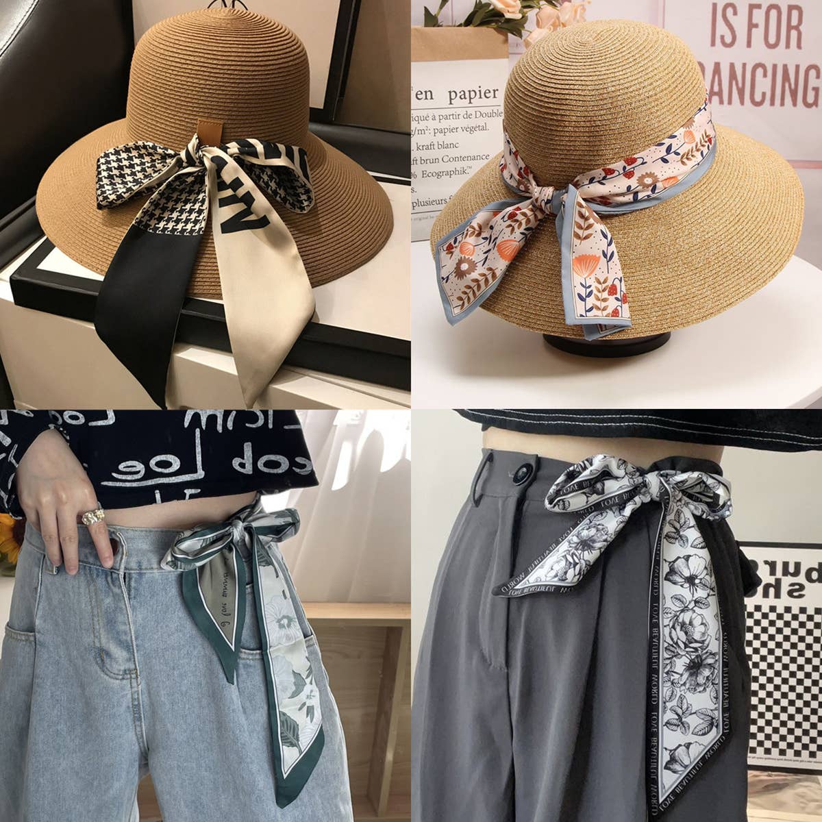Chic Bowknot Flwoer Print Skinny Scarf Ribbon