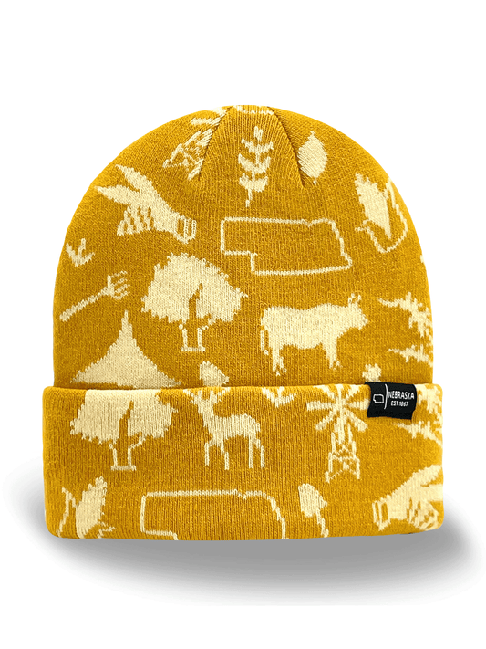 Nebraska State Icons Knit Beanie Hat for Travel, Hiking, Outdoor Adventure Souvenir Gift