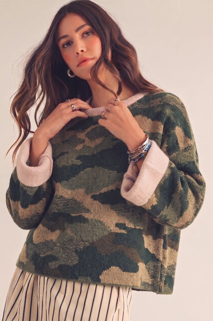 Camo Pink Relaxed Contrast Cuff Sweater