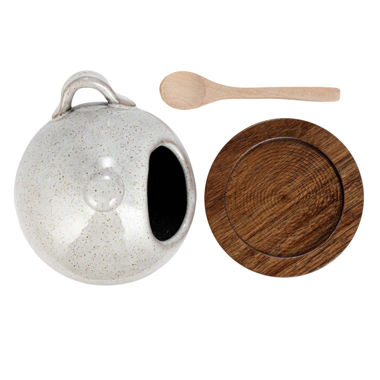 Stoneware Salt Jar w/ Wood Spoon & Base, Set of 3