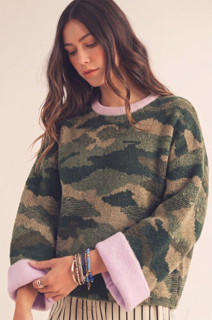 Camo Pink Relaxed Contrast Cuff Sweater