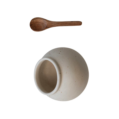 Stoneware Salt Cellar w/ Mango Wood Spoon, Set of 2