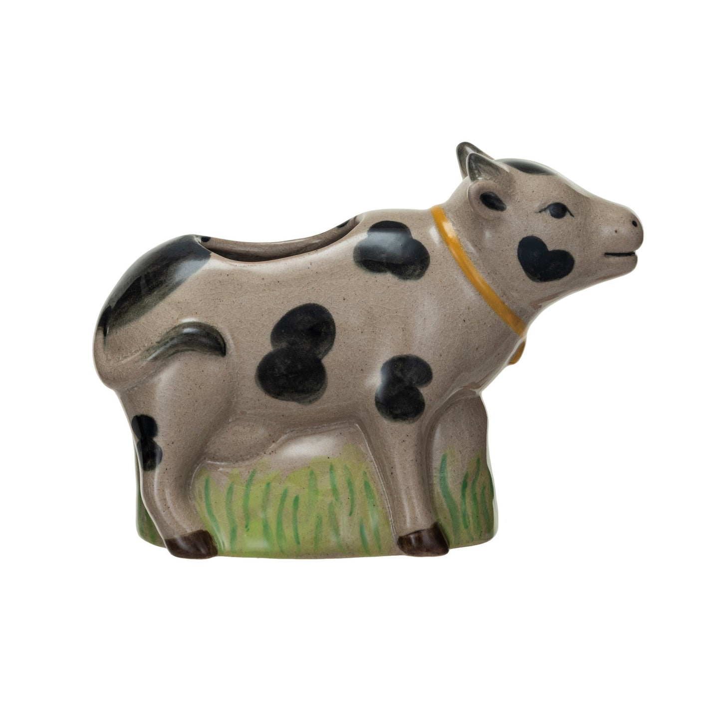 Hand-Painted Stoneware Cow Shaped Vase w/ Grass, Crackle Glaze