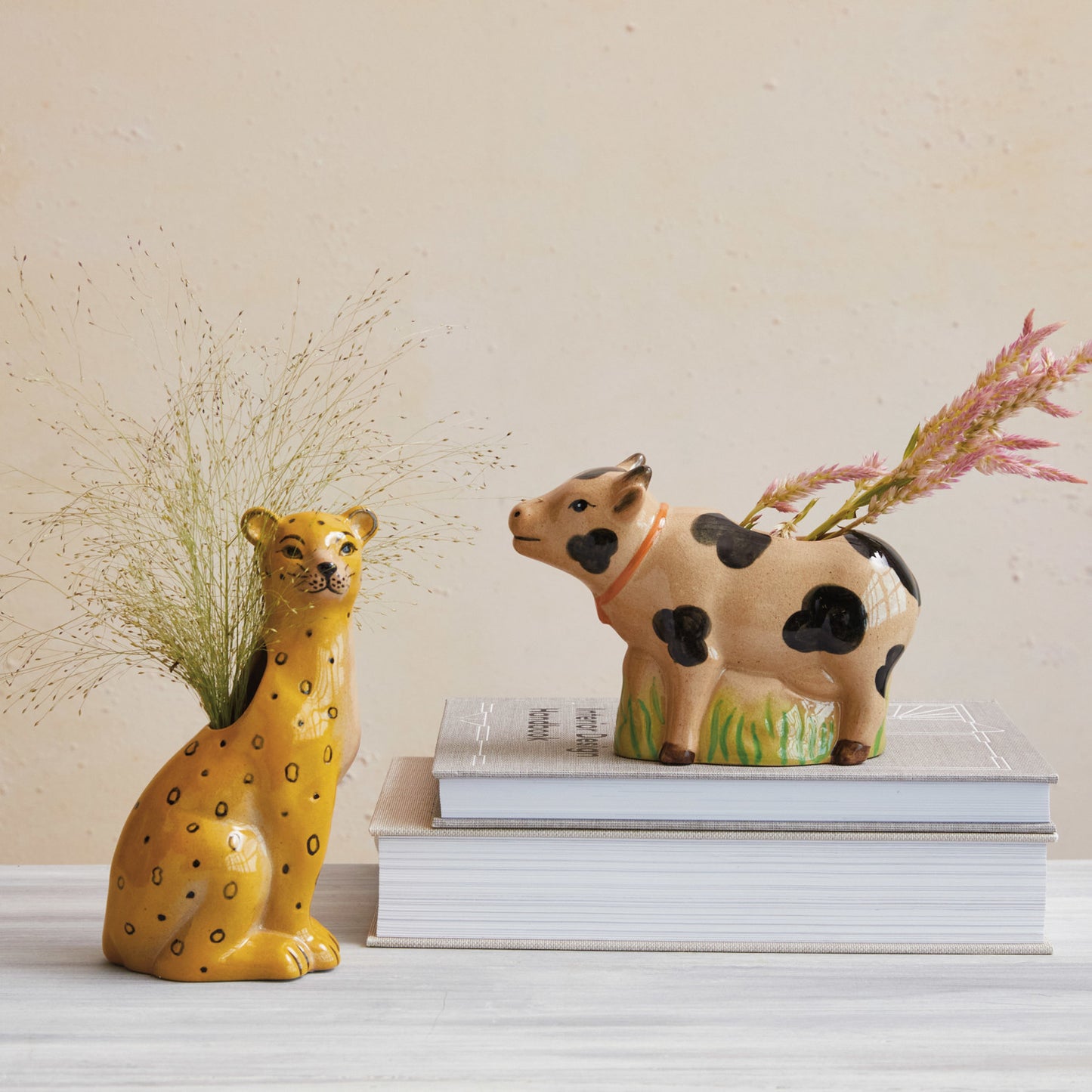 Hand-Painted Stoneware Cow Shaped Vase w/ Grass, Crackle Glaze