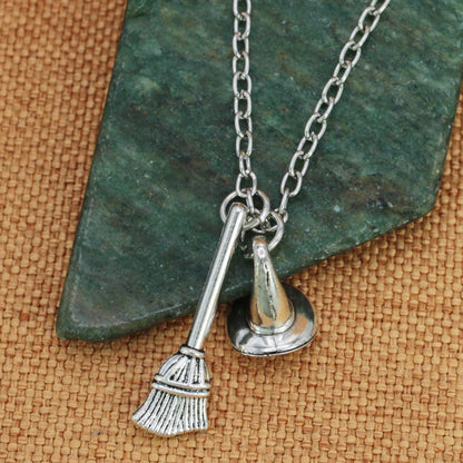 Basic Witch Silver Hat Broom Charm Necklace