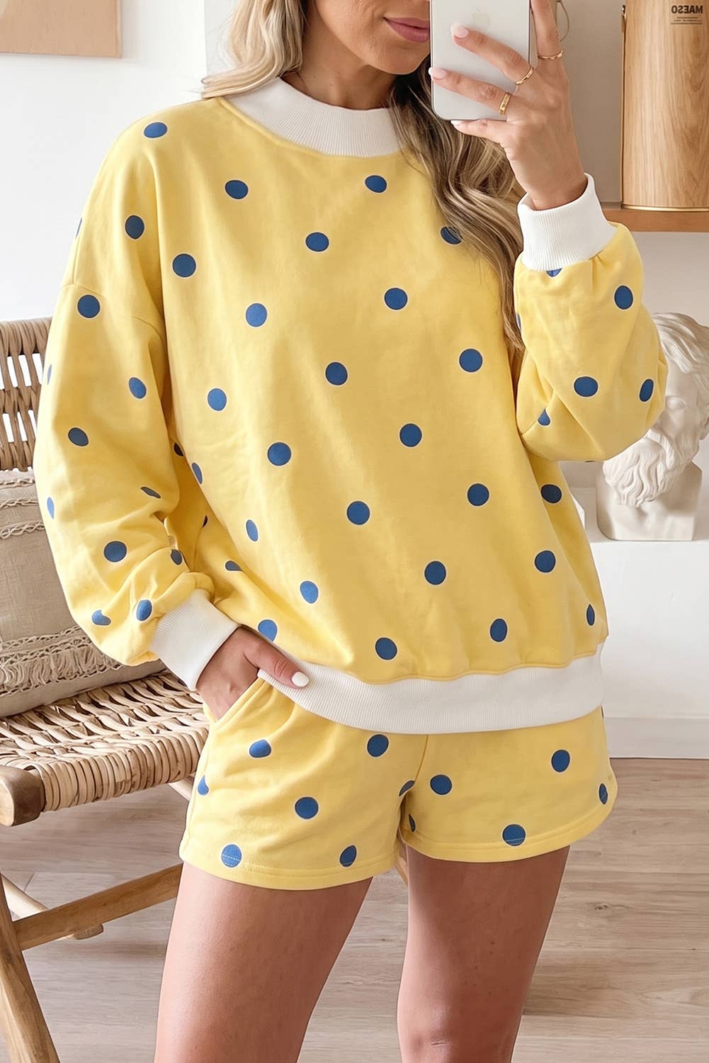 Polka Dot Ribbed Trim Long Sleeve Top Casual Short Set(S-XL)