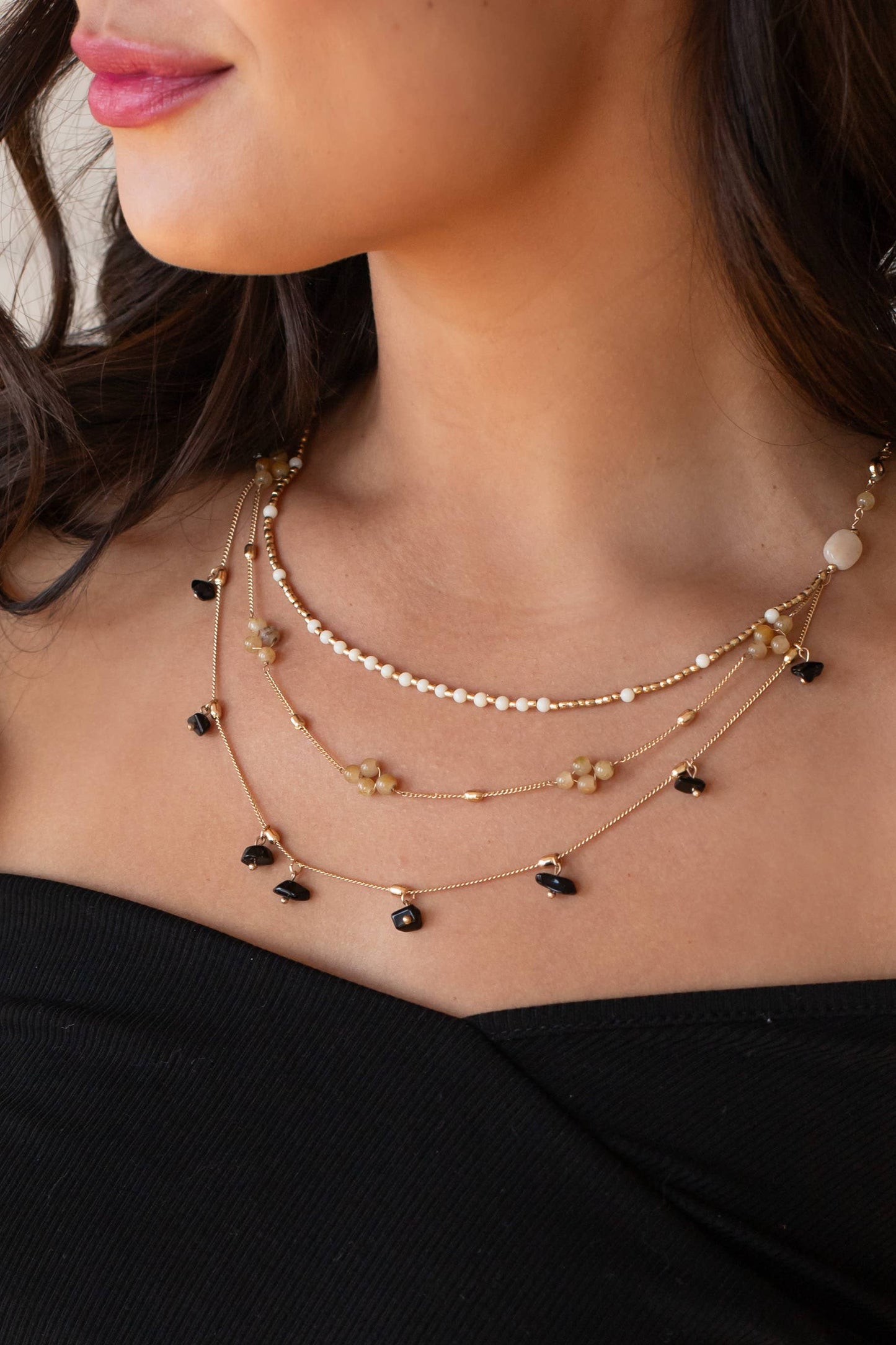 Gold, Black & Tan Beaded Multi-Strand Necklace