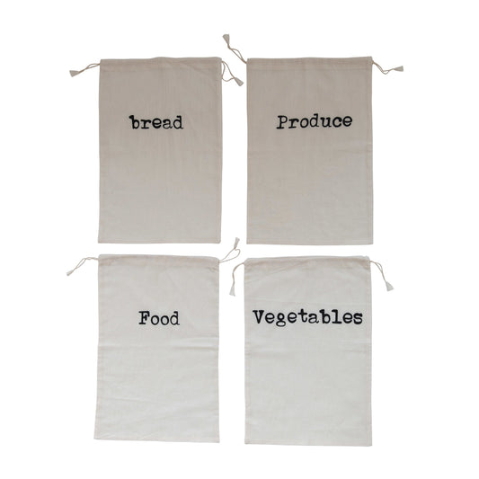Cotton Printed Reusable Drawstring Food Bag, 4 Styles