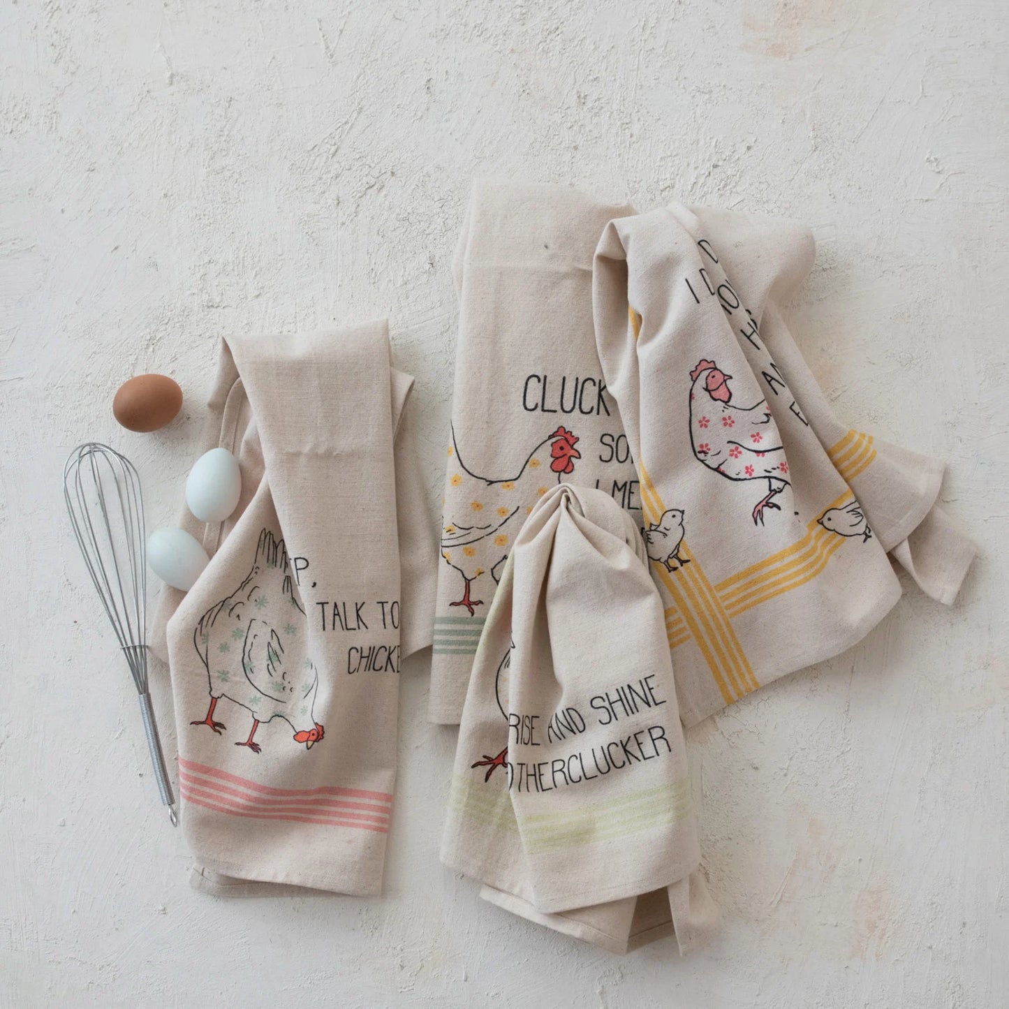 Cotton & Linen Printed Tea Towel w/ Chicken & Saying, 4 Styles