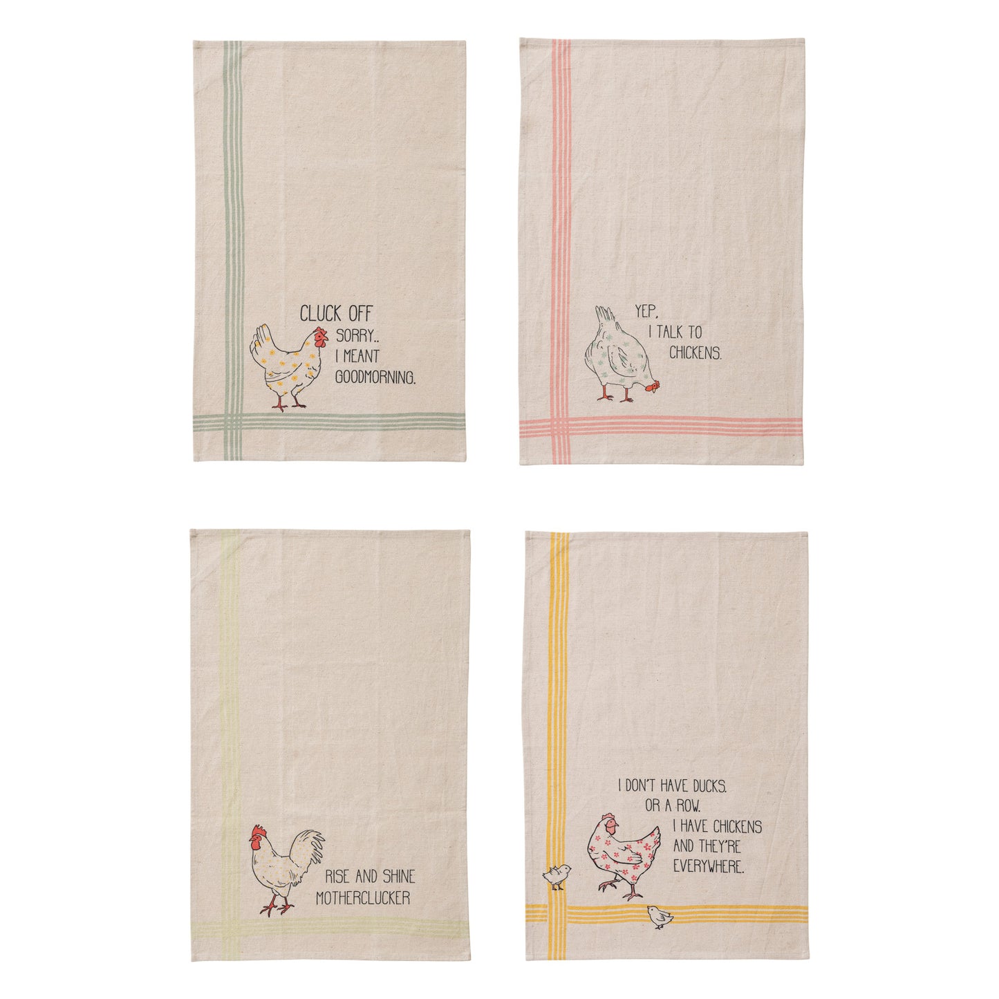 Cotton & Linen Printed Tea Towel w/ Chicken & Saying, 4 Styles