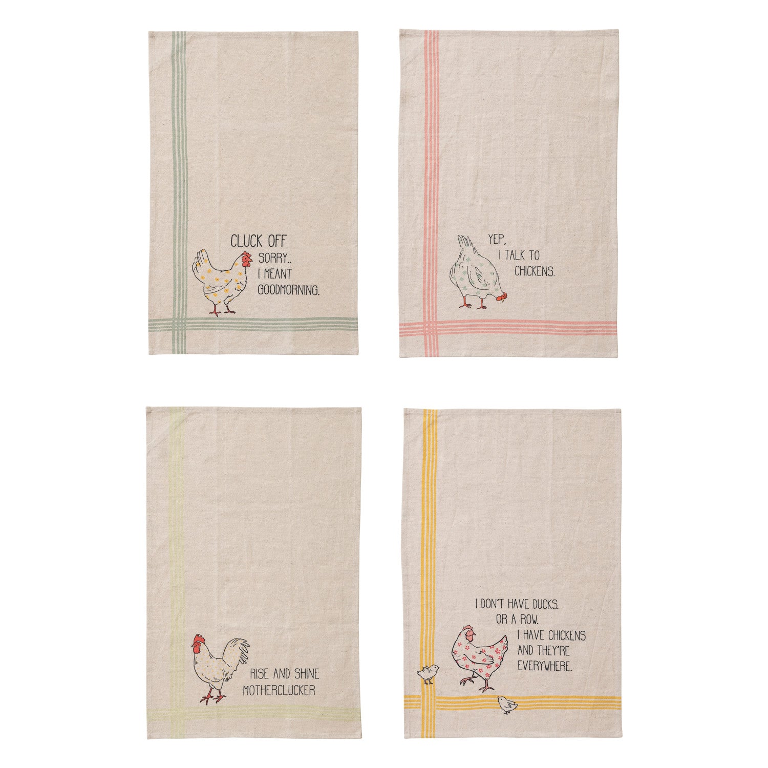 Cotton & Linen Printed Tea Towel w/ Chicken & Saying, 4 Styles