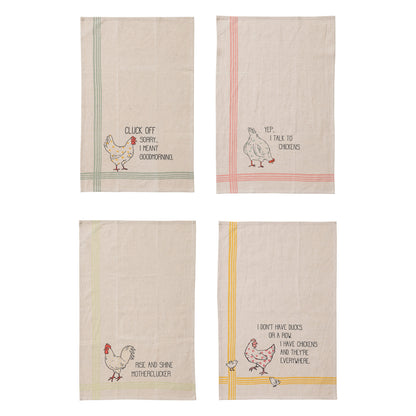 Cotton & Linen Printed Tea Towel w/ Chicken & Saying, 4 Styles