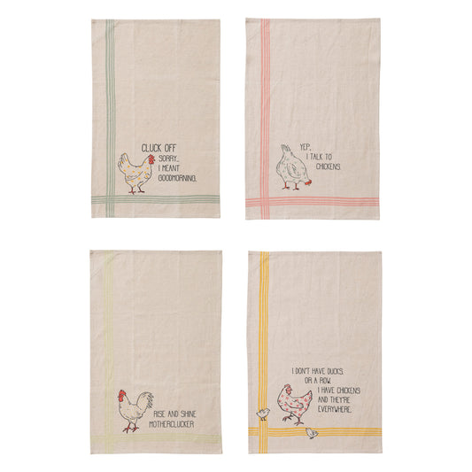 Cotton & Linen Printed Tea Towel w/ Chicken & Saying, 4 Styles