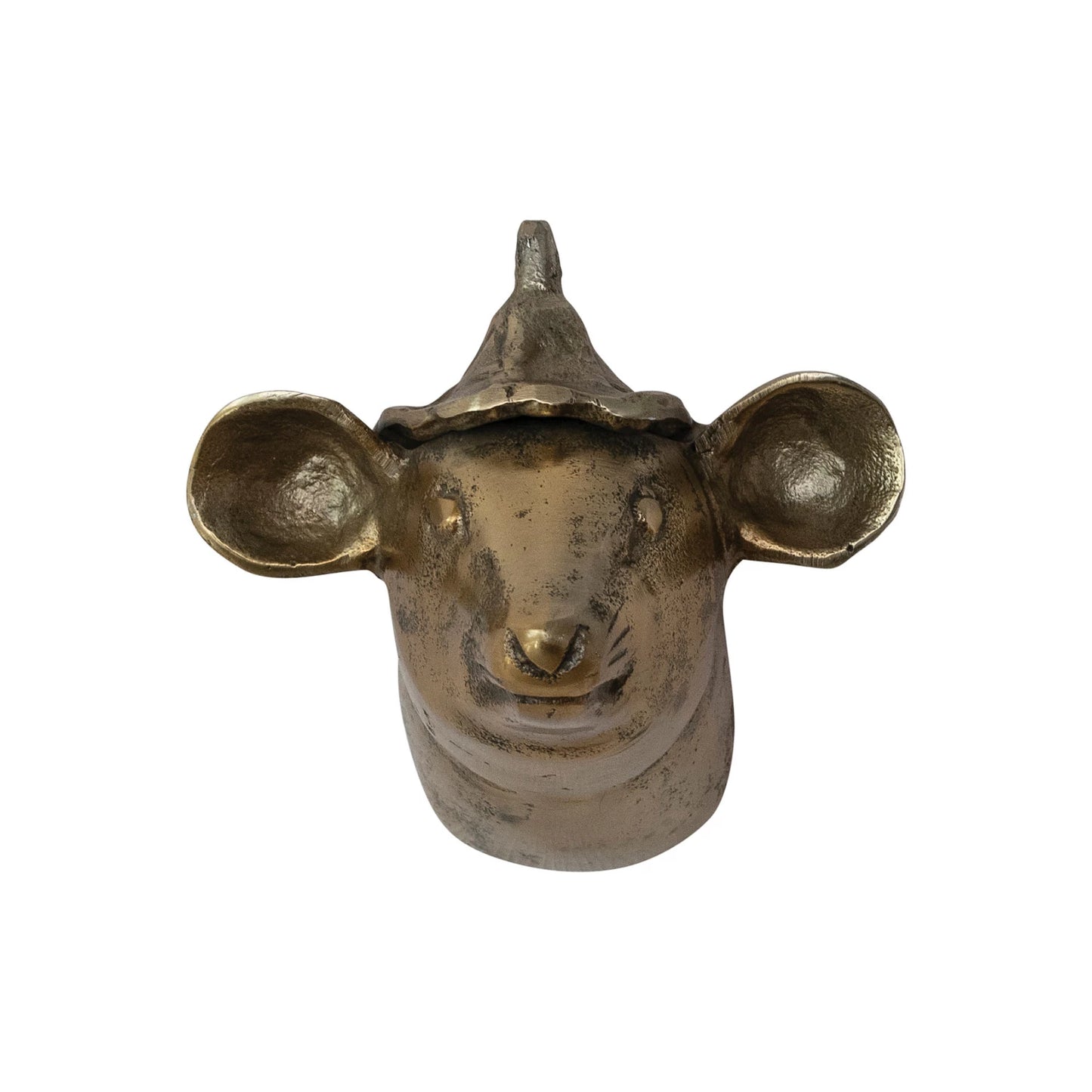 Cast Aluminum Mouse Head with Hat Wall Decor, Antique Brass Finish