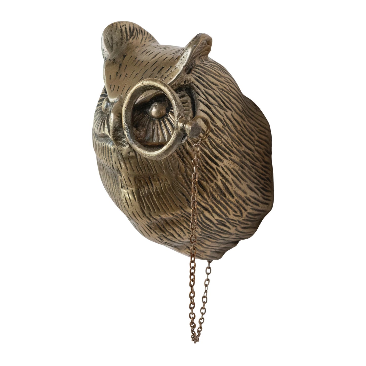 Cast Aluminum Owl Head with Monocle Wall Decor, Antique Brass Finish