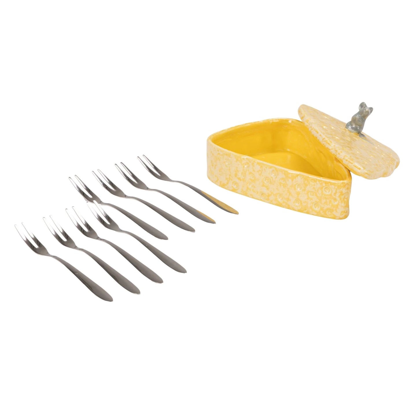 Cheese Shaped Container with Lid & 8 Appetizer Forks, Set of 9