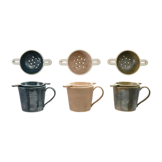 14 oz. Stoneware Mug with Strainer, Set of 2, 3 Colors (Each One Will Vary)