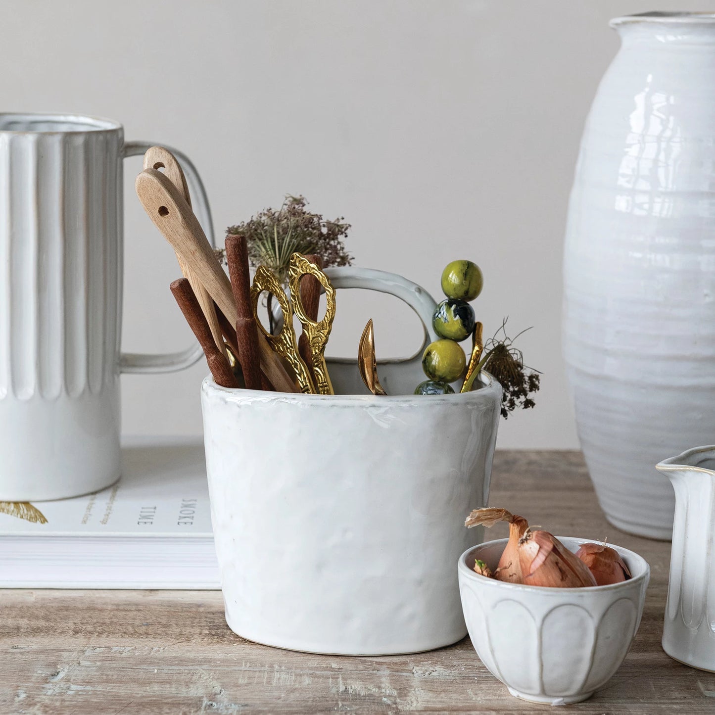 Stoneware Crock with Handle, White