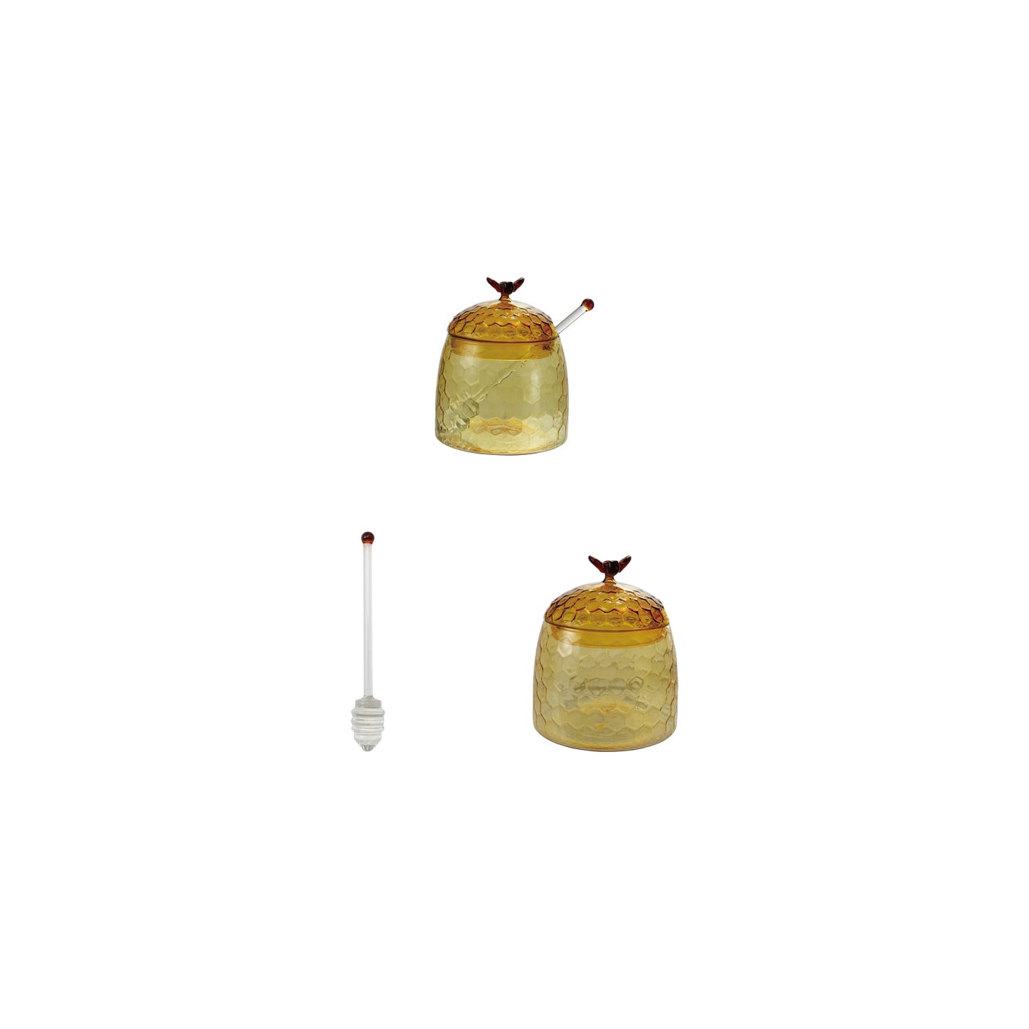 Glass Honey Jar with Bee Finial, Honey Dipper & Lid, Yellow & Amber Color, Set of 2